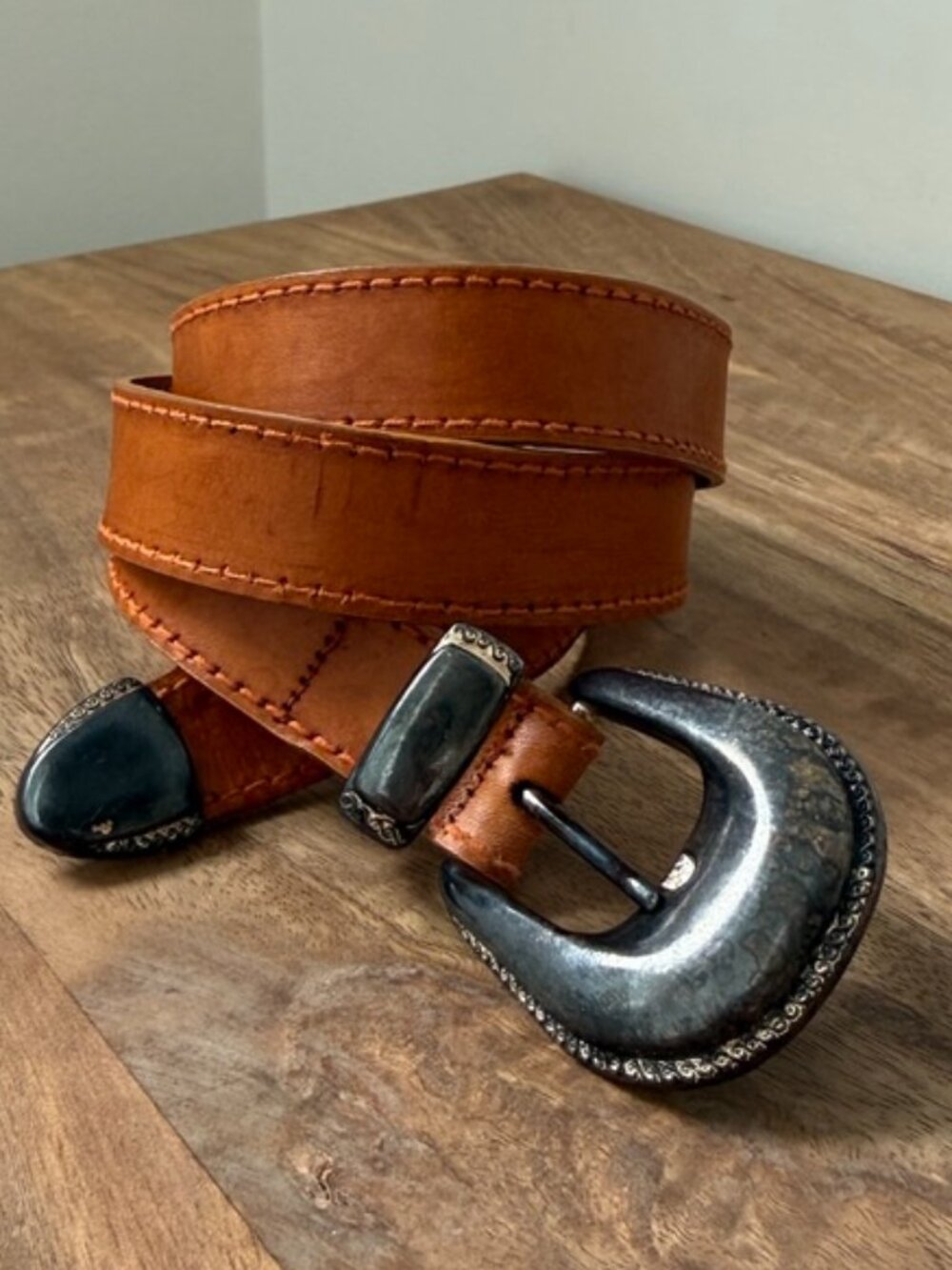 Vintage USMECO Paris Cognac Tan Leather Western Modernist Belt Chased Buckle